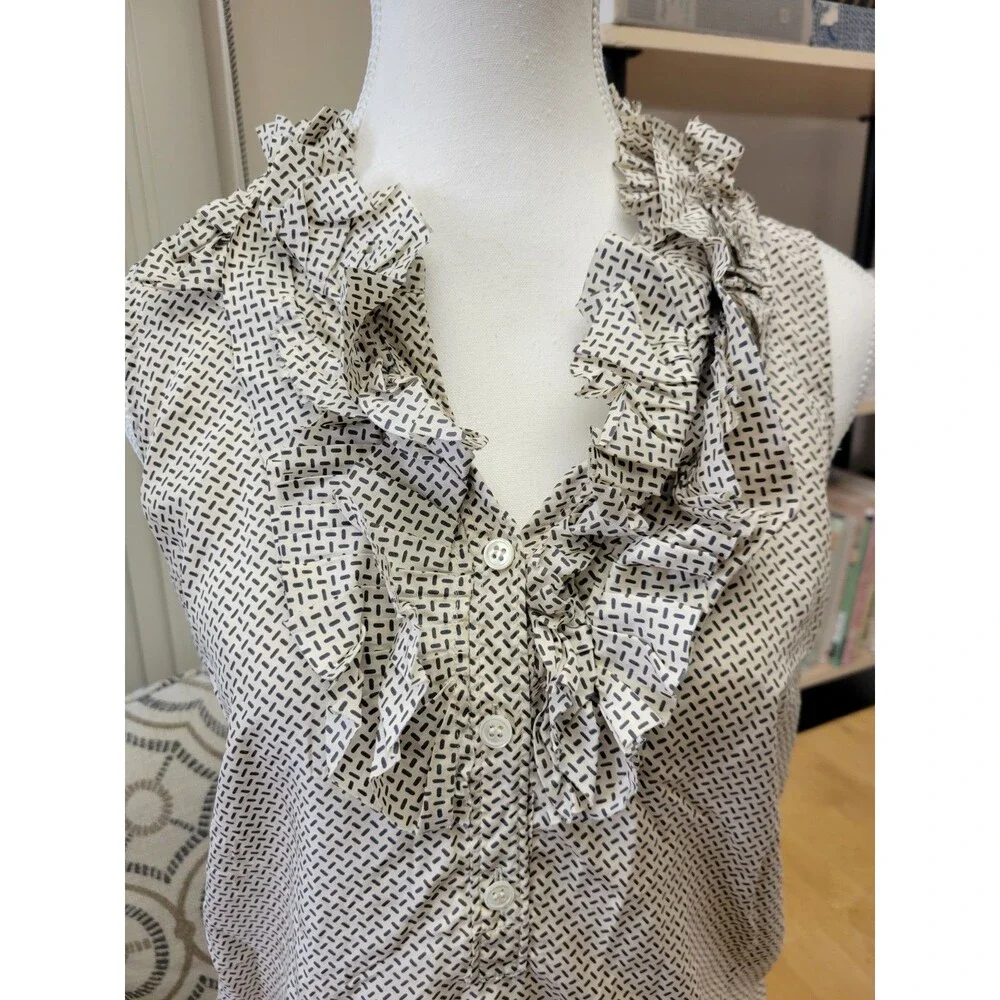 J.CREW White/Blue Geometric Silk V-Neck Sleeveless Ruffle Button Blouse 6
